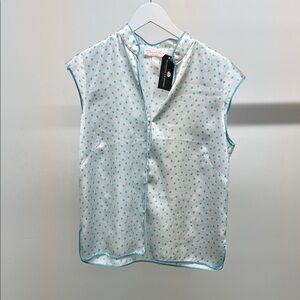 Oscar de la Renta White Blouse with Blue Polka Dots